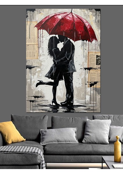 Yağmurda Kırmızı Şemsiye Öpücük Dekoratif Kanvas - Mdf Ahşap Tablo fiyatları