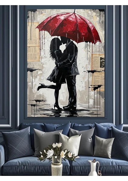 Yağmurda Kırmızı Şemsiye Öpücük Dekoratif Kanvas - Mdf Ahşap Tablo modelleri