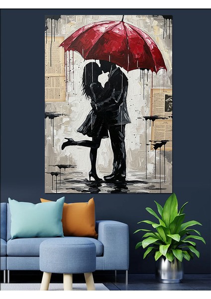 Yağmurda Kırmızı Şemsiye Öpücük Dekoratif Kanvas - Mdf Ahşap Tablo fırsatları