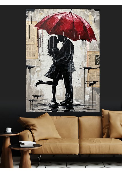 Yağmurda Kırmızı Şemsiye Öpücük Dekoratif Kanvas - Mdf Ahşap Tablo indirimleri