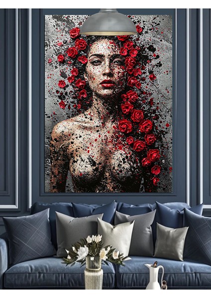 Kırmızı Çiçek Saçlı Çıplak Kadın Dekoratif Kanvas - Mdf Ahşap Tablo