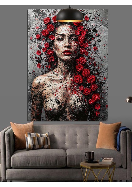 Kırmızı Çiçek Saçlı Çıplak Kadın Dekoratif Kanvas - Mdf Ahşap Tablo fiyatları