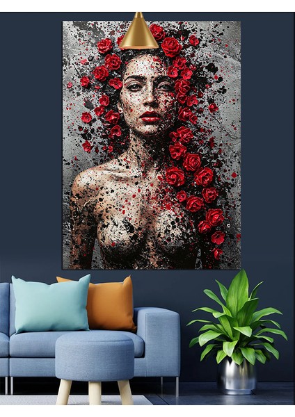 Kırmızı Çiçek Saçlı Çıplak Kadın Dekoratif Kanvas - Mdf Ahşap Tablo modelleri