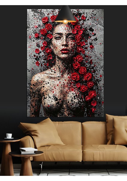Kırmızı Çiçek Saçlı Çıplak Kadın Dekoratif Kanvas - Mdf Ahşap Tablo fırsatları