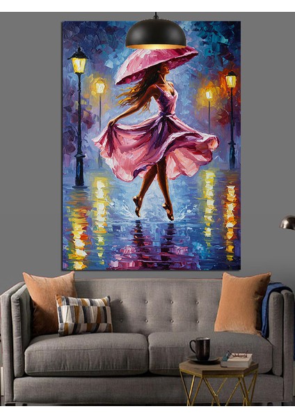 Yağmurda Yolda Dans Eden Pembeli Kadın Dekoratif Kanvas - Mdf Ahşap Tablo