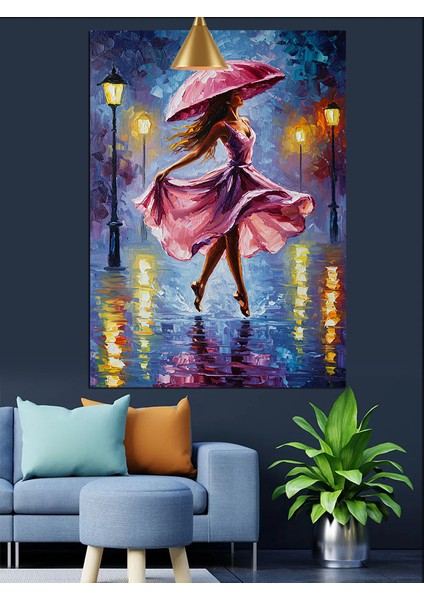 Yağmurda Yolda Dans Eden Pembeli Kadın Dekoratif Kanvas - Mdf Ahşap Tablo fiyatları
