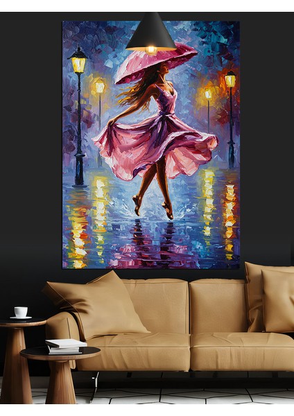 Yağmurda Yolda Dans Eden Pembeli Kadın Dekoratif Kanvas - Mdf Ahşap Tablo modelleri