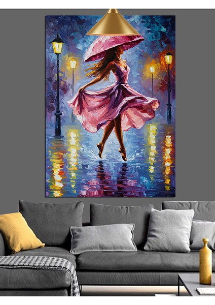 Yağmurda Yolda Dans Eden Pembeli Kadın Dekoratif Kanvas - Mdf Ahşap Tablo fırsatları