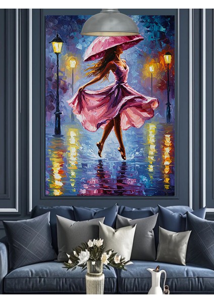 Yağmurda Yolda Dans Eden Pembeli Kadın Dekoratif Kanvas - Mdf Ahşap Tablo indirimleri