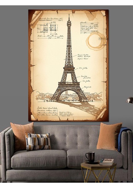 Eyfel Kulesi Eskiz Vintage Dekoratif Kanvas - Mdf Ahşap Tablo