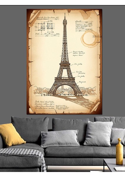 Eyfel Kulesi Eskiz Vintage Dekoratif Kanvas - Mdf Ahşap Tablo fiyatları