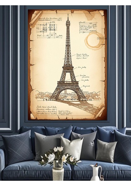 Eyfel Kulesi Eskiz Vintage Dekoratif Kanvas - Mdf Ahşap Tablo modelleri