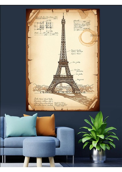 Eyfel Kulesi Eskiz Vintage Dekoratif Kanvas - Mdf Ahşap Tablo fırsatları