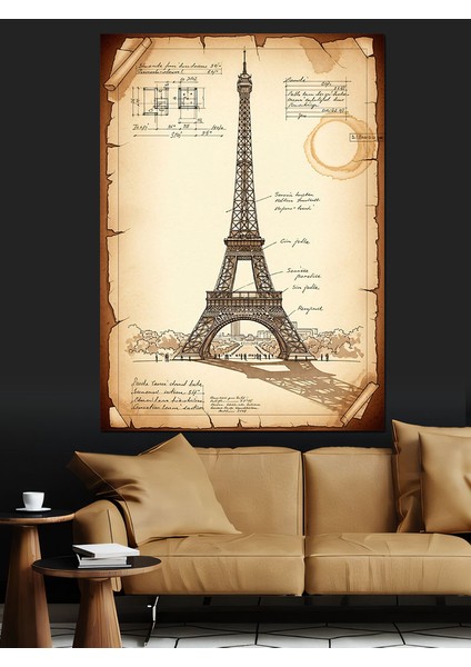 Eyfel Kulesi Eskiz Vintage Dekoratif Kanvas - Mdf Ahşap Tablo indirimleri