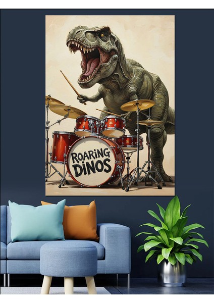 Davul Çalan T-Rex Dinozor Dekoratif Kanvas - Mdf Ahşap Tablo