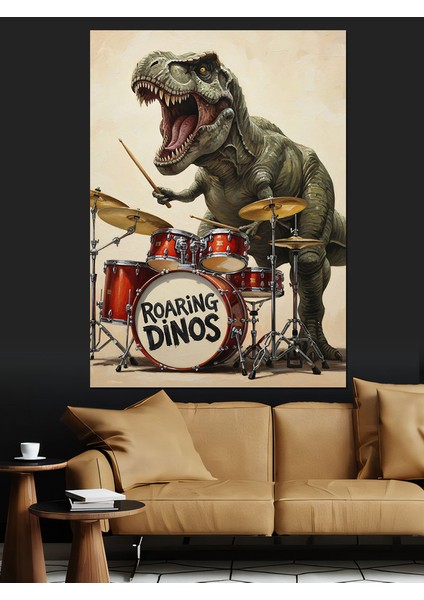 Davul Çalan T-Rex Dinozor Dekoratif Kanvas - Mdf Ahşap Tablo fiyatları