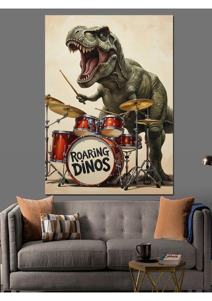 Davul Çalan T-Rex Dinozor Dekoratif Kanvas - Mdf Ahşap Tablo modelleri