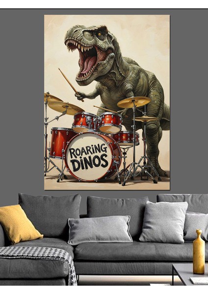 Davul Çalan T-Rex Dinozor Dekoratif Kanvas - Mdf Ahşap Tablo fırsatları
