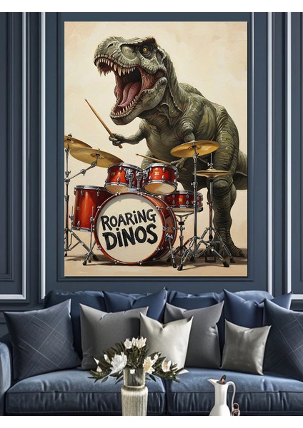 Davul Çalan T-Rex Dinozor Dekoratif Kanvas - Mdf Ahşap Tablo indirimleri