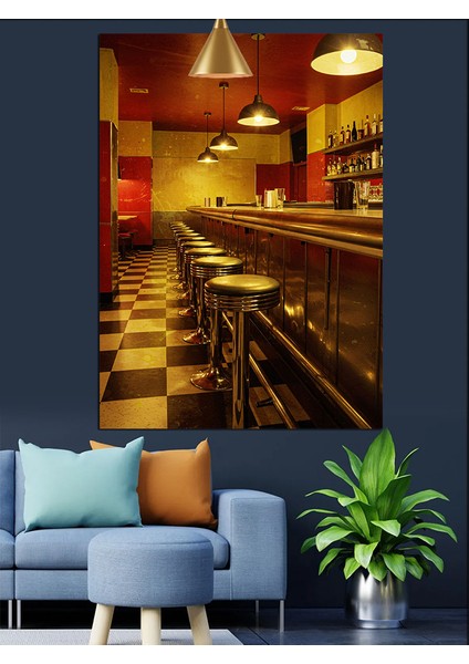 Loş Işıklı Bar Ortamı Dekoratif Kanvas - Mdf Ahşap Tablo