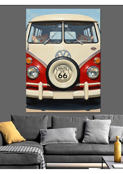 Kırmızı Minibüs Vintage Araba Dekoratif Kanvas - Mdf Ahşap Tablo