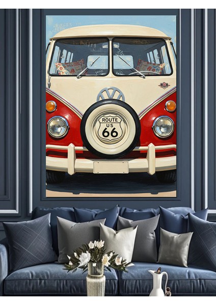 Kırmızı Minibüs Vintage Araba Dekoratif Kanvas - Mdf Ahşap Tablo fiyatları