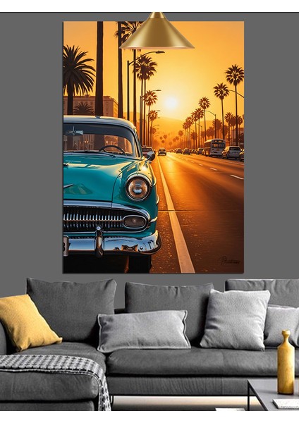 Klasik Mavi Araba Gün Batımı Palmiyeli Yol Dekoratif Kanvas - Mdf Ahşap Tablo