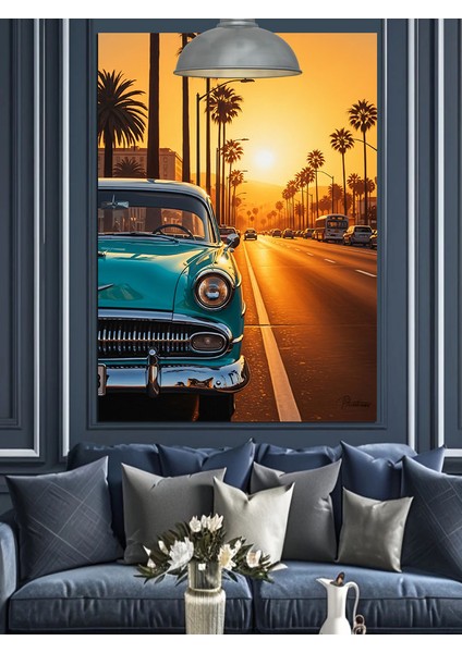 Klasik Mavi Araba Gün Batımı Palmiyeli Yol Dekoratif Kanvas - Mdf Ahşap Tablo fiyatları