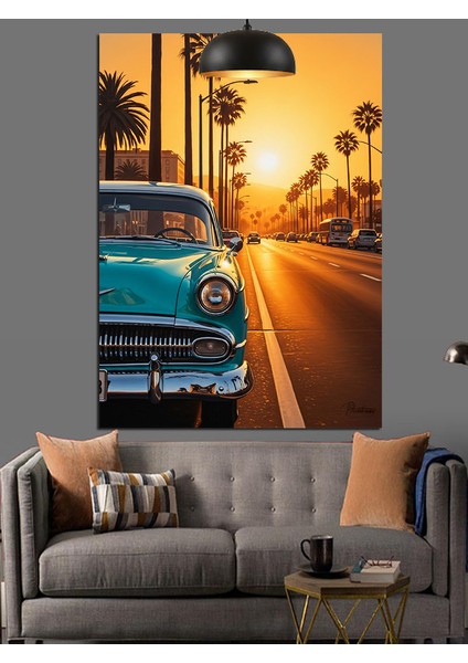Klasik Mavi Araba Gün Batımı Palmiyeli Yol Dekoratif Kanvas - Mdf Ahşap Tablo modelleri