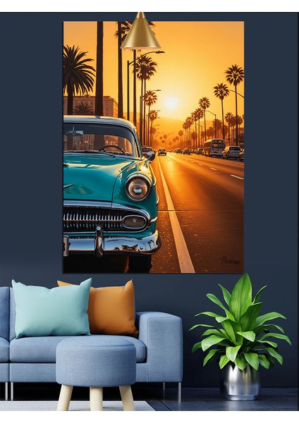 Klasik Mavi Araba Gün Batımı Palmiyeli Yol Dekoratif Kanvas - Mdf Ahşap Tablo fırsatları