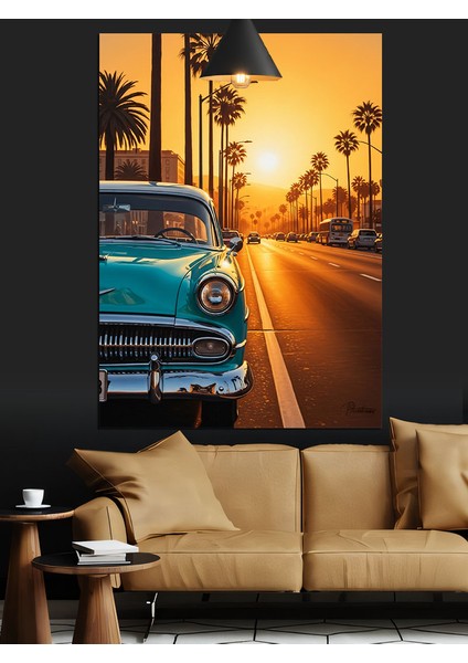 Klasik Mavi Araba Gün Batımı Palmiyeli Yol Dekoratif Kanvas - Mdf Ahşap Tablo indirimleri