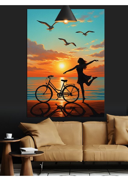 Bisikletli Kadın Deniz Günbatımı Dekoratif Kanvas - Mdf Ahşap Tablo