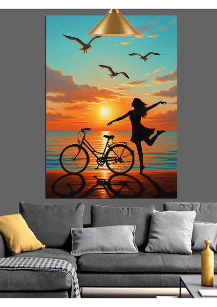 Bisikletli Kadın Deniz Günbatımı Dekoratif Kanvas - Mdf Ahşap Tablo fiyatları