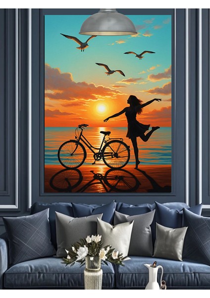 Bisikletli Kadın Deniz Günbatımı Dekoratif Kanvas - Mdf Ahşap Tablo modelleri