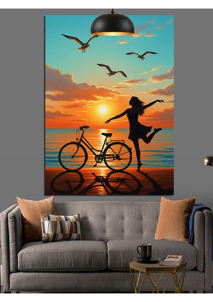 Bisikletli Kadın Deniz Günbatımı Dekoratif Kanvas - Mdf Ahşap Tablo fırsatları