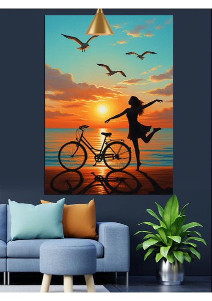 Bisikletli Kadın Deniz Günbatımı Dekoratif Kanvas - Mdf Ahşap Tablo indirimleri