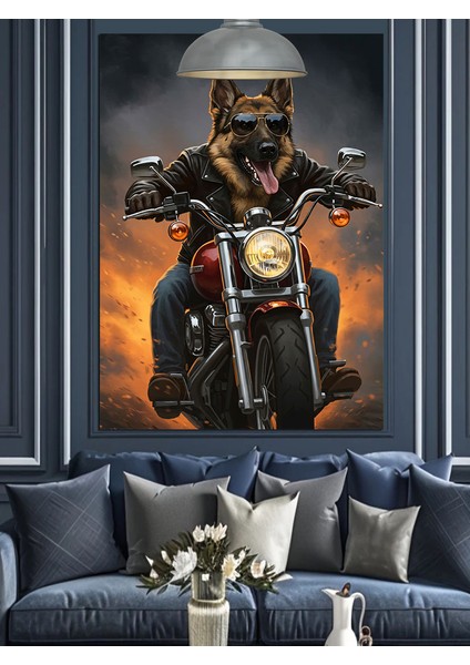 Motosikletli Köpek Hız Tutkusu Dekoratif Kanvas - Mdf Ahşap Tablo