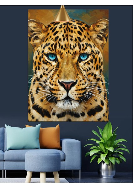 Mavi Gözlü Leopar Yüzü Detaylı Portre Dekoratif Kanvas - Mdf Ahşap Tablo