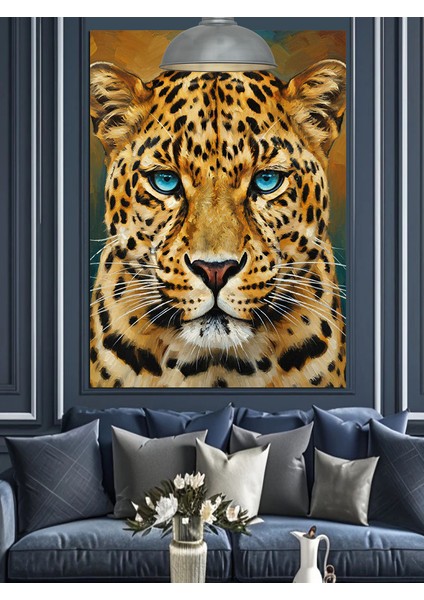 Mavi Gözlü Leopar Yüzü Detaylı Portre Dekoratif Kanvas - Mdf Ahşap Tablo fırsatları