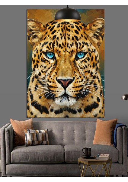 Mavi Gözlü Leopar Yüzü Detaylı Portre Dekoratif Kanvas - Mdf Ahşap Tablo indirimleri