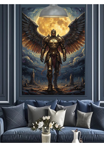 Dolunayda Kara Kanatlı Melek Figürü Sanatı Dekoratif Kanvas - Mdf Ahşap Tablo