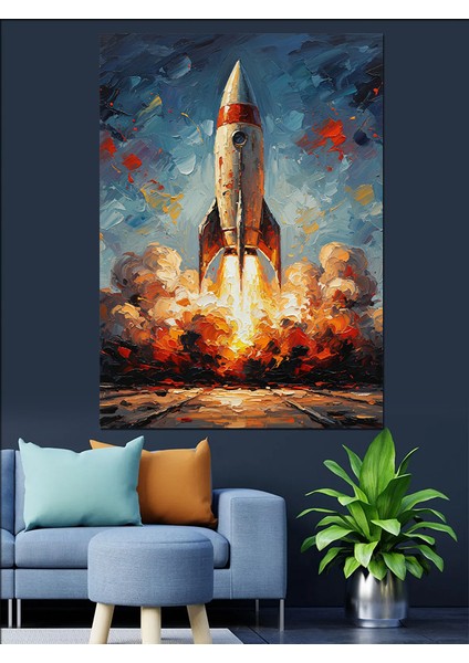 Roket Uzaya Fırlatma Anı Dekoratif Kanvas - Mdf Ahşap Tablo
