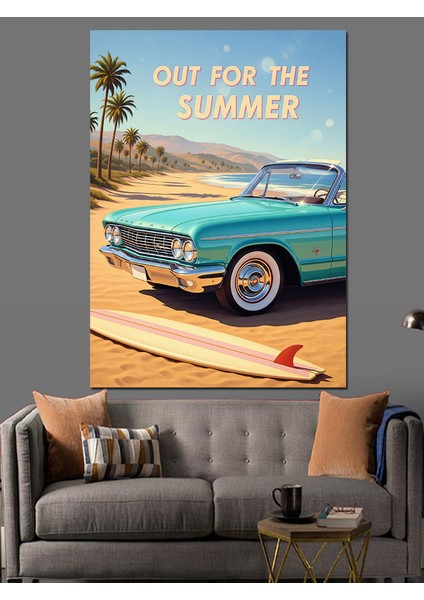 Vintage Mavi Araba Yaz Dekoratif Kanvas - Mdf Ahşap Tablo