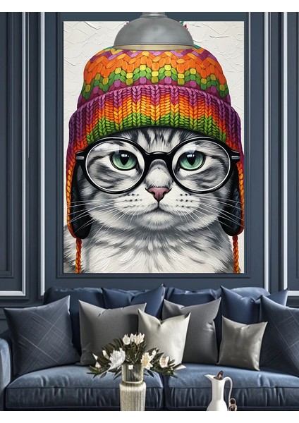 Gözlüklü Kedi Yüz Portresi Dekoratif Kanvas - Mdf Ahşap Tablo