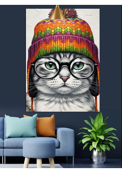 Gözlüklü Kedi Yüz Portresi Dekoratif Kanvas - Mdf Ahşap Tablo modelleri