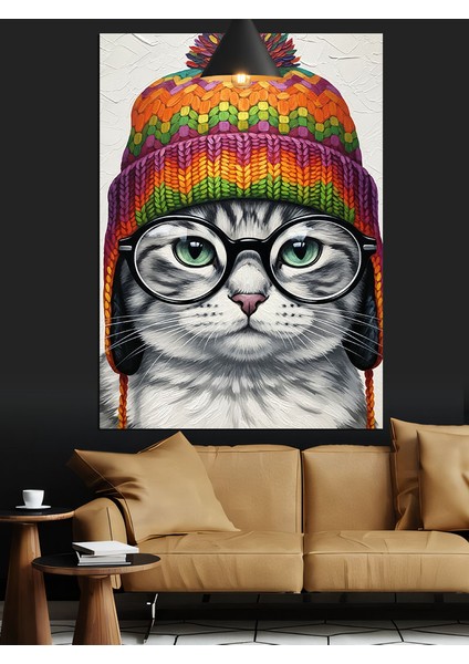 Gözlüklü Kedi Yüz Portresi Dekoratif Kanvas - Mdf Ahşap Tablo fırsatları