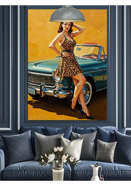 Retro Elbiseli Kadın Araba Dekoratif Kanvas - Mdf Ahşap Tablo