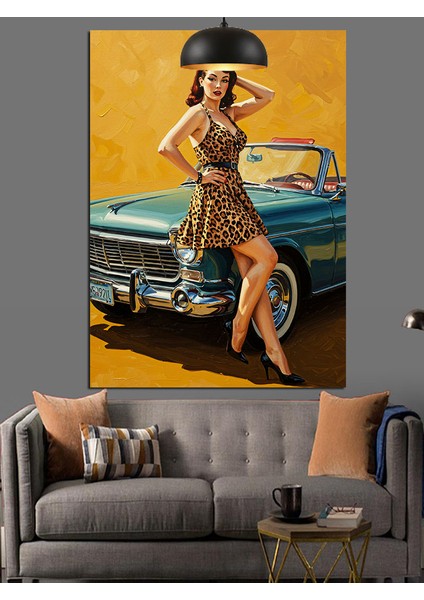 Retro Elbiseli Kadın Araba Dekoratif Kanvas - Mdf Ahşap Tablo fiyatları