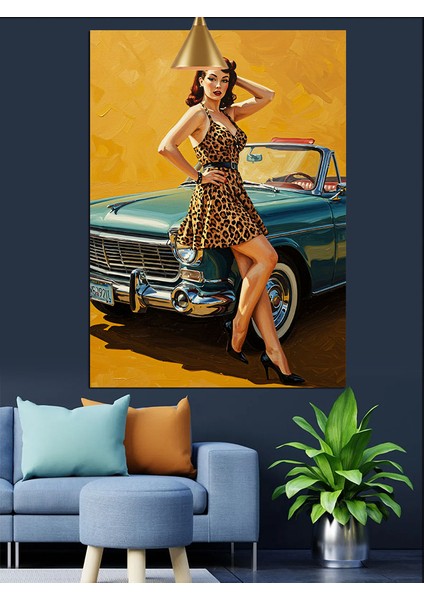 Retro Elbiseli Kadın Araba Dekoratif Kanvas - Mdf Ahşap Tablo modelleri
