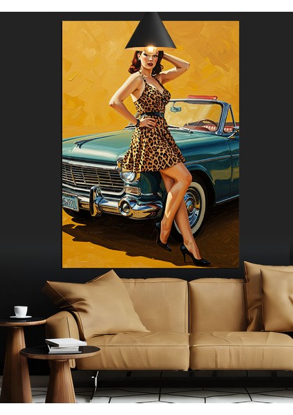 Retro Elbiseli Kadın Araba Dekoratif Kanvas - Mdf Ahşap Tablo fırsatları